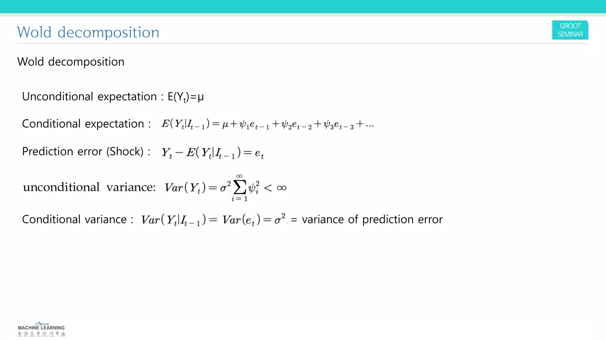 Wold decomposition
Wold decomposition
Unconditional expectation : E(Yt)=µ
Conditional expectation :
Prediction error (Shock) :
Conditional variance : = variance of prediction error
 