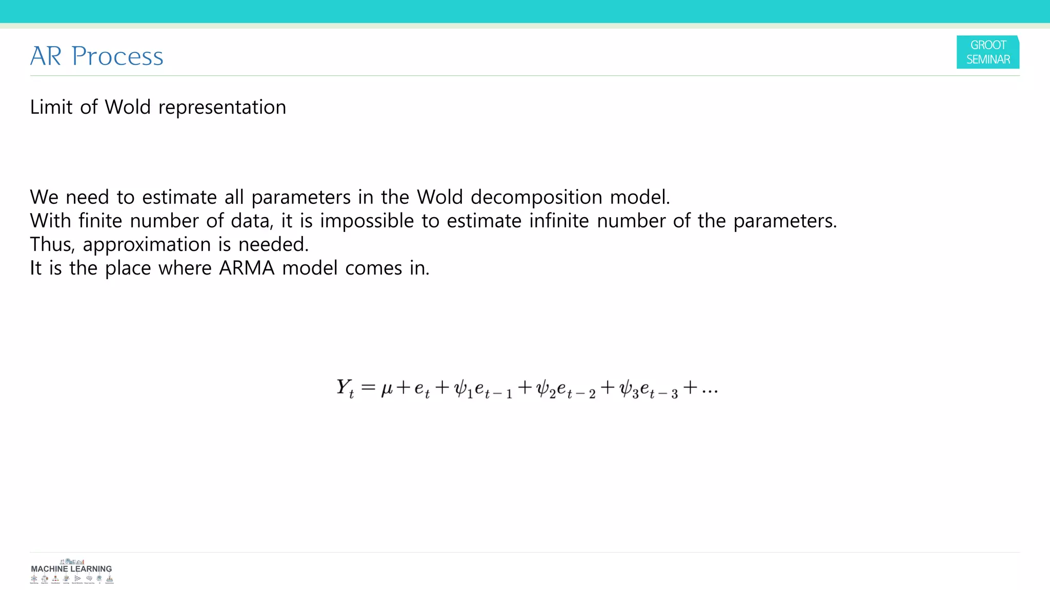 AR Process
Limit of Wold representation
We need to estimate all parameters in the Wold decomposition model.
With finite number of data, it is impossible to estimate infinite number of the parameters.
Thus, approximation is needed.
It is the place where ARMA model comes in.
 