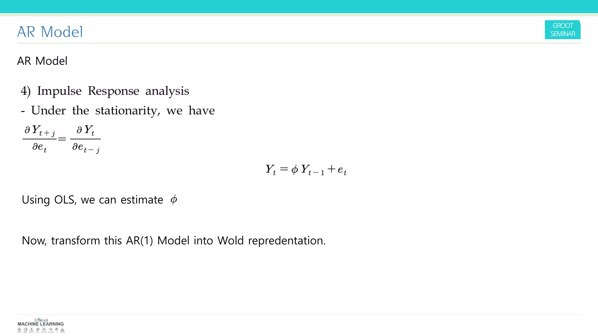 AR Model
AR Model
Using OLS, we can estimate
Now, transform this AR(1) Model into Wold repredentation.
 