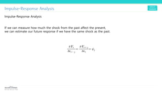 Impulse-Response Analysis
Impulse-Response Analysis
If we can measure how much the shock from the past affect the present,
we can estimate our future response if we have the same shock as the past.
 