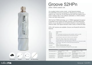 Groove 52HPn
Groove 52HPn
Our smallest outdoor series model - a fully featured wireless
RouterBOARD powered by RouterOS. Weatherproof, durable and
ready to use. It has one 10/100 Ethernet port with PoE support and a
built in wireless radio. It has software selectable 2 or 5GHz wireless
mode, and high output power!
With the Nv2 TDMA technology, up to 125Mbit aggregate throughput
is possible! It has a built-in N-male connector, and pole attachment
points, so you can attach it to an antenna directly, or use a standard
antenna cable. LED signal indicators make it easy to install and align.
CPE or AP versions are available. Groove runs RouterOS with all it’s
features.
CPU AR9342 600Mhz
Memory 64MB
Ethernet One 10/100 Mbit/s Fast Ethernet port with Auto-MDI/X, L2MTU up to 2030
Wireless 5 or 2GHz (software selectable) radio, N-male antenna connector
Wireless
regulations
Specific frequency range may be limited by country regulations
Extras Reset switch, Beeper, Voltage monitor, Temperature monitor
LEDs 5 wireless signal LEDs, ethernet activity LED (configurable)
Power Passive 9-30V PoE only. 16KV ESD protection on RF port. Up to 0,19A at 24V (4.56W)
Dimensions 177x44x44mm, 193g. Must be mounted with ethernet pointing down
Operating temp. -30C to +70C
RouterOS
52HPn: Level3 license (station or ptp),
A-52HPn: Level4 license (AP, station or ptp)
Package contains Groove unit, mounting loops, PoE injector, 24V power adapter
2GHz / 5GHz outdoor unit
5GHz 2GHz
RX sensitivity 802.11a
–93 dBm @ 6Mbps to -77 dBm
@ 54 Mbps
–93 dBm @ 6Mbps to -77 dBm
@ 54 Mbps
RX sensitivity 802.11n
–93 dBm @ MCS0 20MHz to –76 dBm
@ MCS7 40MHz
–93 dBm @ MCS0 20MHz to –76 dBm
@ MCS7 40MHz
TX power 802.11a 27dBm @ 6Mbps to 22Bm @ 54 Mbps 27dBm @ 6Mbps to 24Bm @ 54 Mbps
TX power 802.11n 26dBm @ MCS0 to 22dBm @ MCS7 27dBm @ MCS0 to 23dBm @ MCS7
Frequency range 4900-5920MHz 2400MHz-2500MHz
24V 0.38A Adapter PoE injector Metal ring 6dBi / 8dBi omni antenna
 