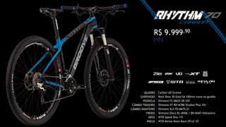 QUADRO
SUSPENSÃO
PEDIVELA
CÂMBIO TRASEIRO
CÂMBIO DIANTEIRO
FREIOS
AROS
PNEUS
Carbon UD Groove
Rock Shox 30 Gold SA 100mm trava no guidão
Shimano FC-M625 38/24T
Shimano XT RD-M786 Shadow Plus 10v
Shimano SLX FD-M675 2v
Shimano Disco BL-M506 / BR-M447 Hidraúlico
WTB Speed Disc i19
WTB Kevlar Nano Race 29"x2.10"
[ 17 ]
R$ 9.999,90
 
