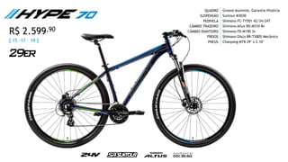 QUADRO
SUSPENSÃO
PEDIVELA
CÂMBIO TRASEIRO
CÂMBIO DIANTEIRO
FREIOS
PNEUS
Groove Alumínio, Garantia Vitalícia
Suntour M3030
Shimano FC-TY501 42/34/24T
Shimano Altus RD-M310 8v
Shimano FD-M190 3v
Shimano Disco BR-TX805 Mecânico
Chaoyang MTB 29" x 2.10"[ 15 -17 – 19 ]
R$ 2.599,90
 