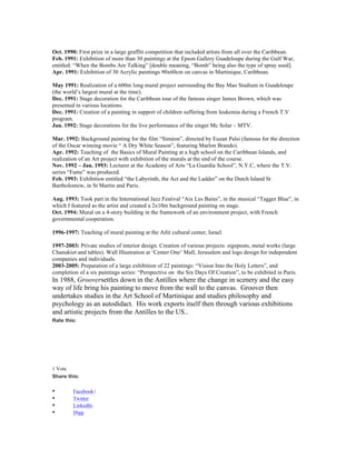 Oct. 1990: First prize in a large graffiti competition that included artists from all over the Caribbean.
Feb. 1991: Exhibition of more than 30 paintings at the Epson Gallery Guadeloupe during the Gulf War,
entitled: “When the Bombs Are Talking” [double meaning, “Bomb” being also the type of spray used].
Apr. 1991: Exhibition of 30 Acrylic paintings 90x60cm on canvas in Martinique, Caribbean.

May 1991: Realization of a 600m long mural project surrounding the Bay Mao Stadium in Guadeloupe
(the world’s largest mural at the time).
Dec. 1991: Stage decoration for the Caribbean tour of the famous singer James Brown, which was
presented in various locations.
Dec. 1991: Creation of a painting in support of children suffering from leukemia during a French T.V
program.
Jan. 1992: Stage decorations for the live performance of the singer Mc Solar – MTV.

Mar. 1992: Background painting for the film “Siméon”, directed by Euzan Palsi (famous for the direction
of the Oscar winning movie “ A Dry White Season”, featuring Marlon Brando).
Apr. 1992: Teaching of the Basics of Mural Painting at a high school on the Caribbean Islands, and
realization of an Art project with exhibition of the murals at the end of the course.
Nov. 1992 – Jan. 1993: Lecturer at the Academy of Arts “La Guardia School”, N.Y.C, where the T.V.
series “Fame” was produced.
Feb. 1993: Exhibition entitled “the Labyrinth, the Act and the Ladder” on the Dutch Island St
Bartholomew, in St Martin and Paris.

Aug. 1993: Took part in the International Jazz Festival “Aix Les Bains”, in the musical “Tagger Blue”, in
which I featured as the artist and created a 2x10m background painting on stage.
Oct. 1994: Mural on a 4-story building in the framework of an environment project, with French
governmental cooperation.

1996-1997: Teaching of mural painting at the Atlit cultural center, Israel.

1997-2003: Private studies of interior design. Creation of various projects: signposts, metal works (large
Chanukiot and tables). Wall Illustration at ‘Center One’ Mall, Jerusalem and logo design for independent
companies and individuals.
2003-2005: Preparation of a large exhibition of 22 paintings: “Vision Into the Holy Letters”, and
completion of a six paintings series: “Perspective on the Six Days Of Creation”, to be exhibited in Paris.
In 1988, Grooversettles down in the Antilles where the change in scenery and the easy
way of life bring his painting to move from the wall to the canvas. Groover then
undertakes studies in the Art School of Martinique and studies philosophy and
psychology as an autodidact. His work exports itself then through various exhibitions
and artistic projects from the Antilles to the US..
Rate this:




1 Vote
Share this:

•        Facebook1
•        Twitter
•        LinkedIn
•        Digg
 