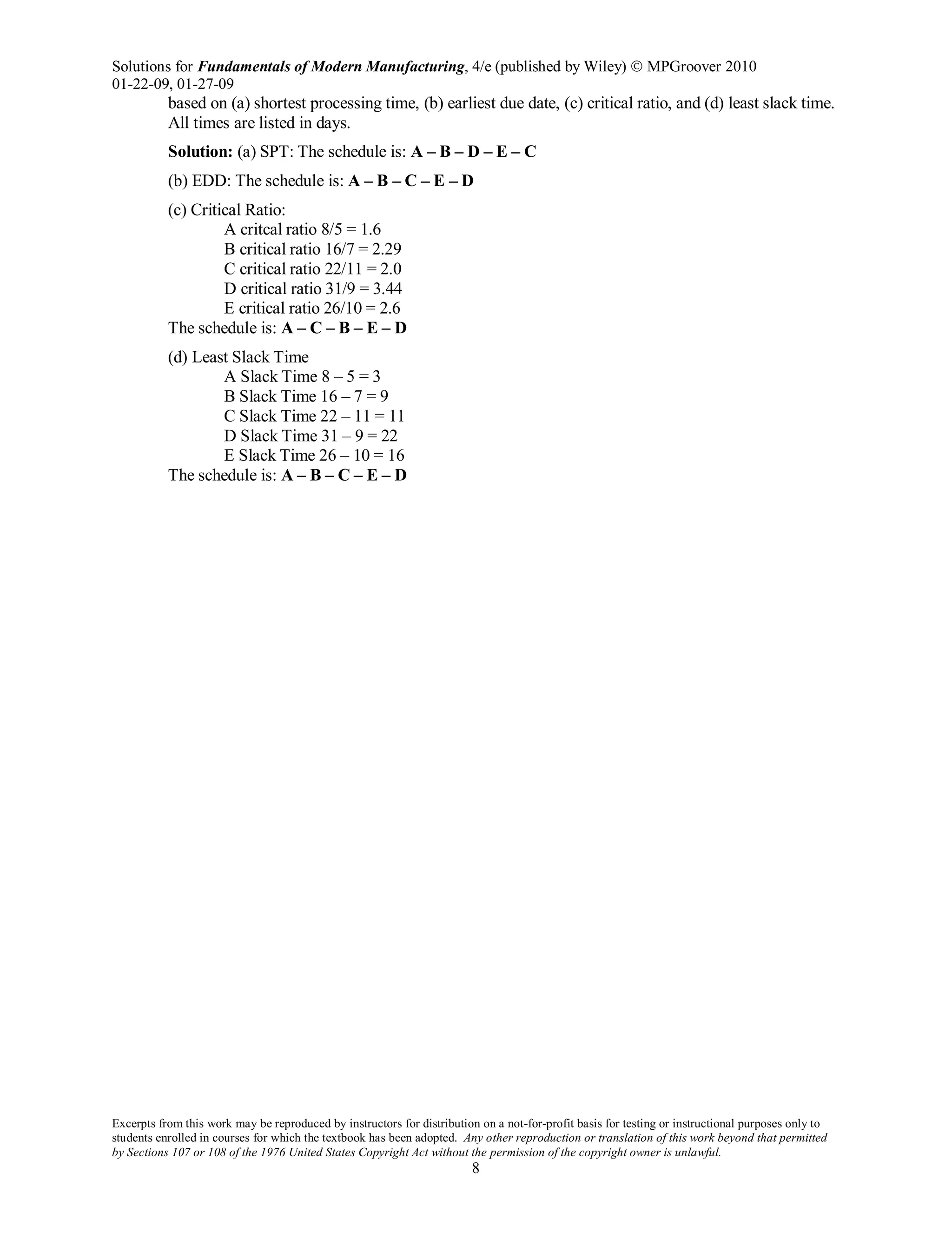 Solutions for Fundamentals of Modern Manufacturing, 4/e (published by Wiley)  MPGroover 2010
01-22-09, 01-27-09
Excerpts from this work may be reproduced by instructors for distribution on a not-for-profit basis for testing or instructional purposes only to
students enrolled in courses for which the textbook has been adopted. Any other reproduction or translation of this work beyond that permitted
by Sections 107 or 108 of the 1976 United States Copyright Act without the permission of the copyright owner is unlawful.
8
based on (a) shortest processing time, (b) earliest due date, (c) critical ratio, and (d) least slack time.
All times are listed in days.
Solution: (a) SPT: The schedule is: A – B – D – E – C
(b) EDD: The schedule is: A – B – C – E – D
(c) Critical Ratio:
A critcal ratio 8/5 = 1.6
B critical ratio 16/7 = 2.29
C critical ratio 22/11 = 2.0
D critical ratio 31/9 = 3.44
E critical ratio 26/10 = 2.6
The schedule is: A – C – B – E – D
(d) Least Slack Time
A Slack Time 8 – 5 = 3
B Slack Time 16 – 7 = 9
C Slack Time 22 – 11 = 11
D Slack Time 31 – 9 = 22
E Slack Time 26 – 10 = 16
The schedule is: A – B – C – E – D
 