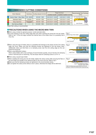 RECOMMENDED CUTTING CONDITIONS
                                                                                          Feed (mm/rev)                         Recommended Tool Overhang
         Work Material            Hardness          Cutting Speed (m/min)
                                                                            CG03RS/CG04RS CG05RS/CG06RS/CG07RS                           (mm)

P Carbon Steel · Alloy Steel     180 ─ 280HB             80 (40 ─ 120)      0.02 (0.01 ─ 0.03)   0.03 (0.01 ─ 0.05)                CG Type Micro-Mini Twin

M         Stainless Steel          < 200HB               80 (40 ─ 120)      0.02 (0.01 ─ 0.03)   0.03 (0.01 ─ 0.05)
                                 Tensile Strength
K         Gray Cast Iron           < 350MPa              80 (40 ─ 120)      0.03 (0.01 ─ 0.05)   0.03 (0.01 ─ 0.05)
                                                                                                                                           L10 + 2 (mm)
N       Non-ferrous Metal               ─              120 (80 ─ 160)       0.03 (0.01 ─ 0.05)   0.05 (0.01 ─ 0.08)                                                   Holder
(Note) Wet cutting is recommended.


y PRECAUTIONS WHEN USING THE MICRO-MINI TWIN
a When using a holder for general purpose / small automatic lathe:
aTo avoid chipping of the 2nd cutting edge take care when inserting the boring bar into the holder.         Fig.1
 Refer to fig.1. If the 2nd edge contacts the internal face of the holder there is a possibility that it    Internal Face of the Holder
 may chip.

                                                                                                                                                             Cutting Edge
                                                                                                             Insert Direction


sWhen using this type of holder, there is a possibility that damage to the shank and the 2nd cutting        Fig.2




                                                                                                                                                                                       GROOVING
                                                                                                                                                  3rd Clamping Screw
 edge can occur. Make sure that the clamping screws are tightened to the set torque value.
 Additionally make sure that there is no clamping screw near the 2nd cutting edge as this can                                                    1            2            3
 break the boring bar.
eWhen using Mitsubishi holders:
                                                                                                                     Insert Point                       2nd Cutting Edge
 When using holders with a tool overhang of recommended quantity, ensure that the 3rd clamping
 screw is removed prior to machining. The set torque value for clamping screw is 2.0 N • m.
a When using a square type holder:
aWhen installing the boring bar into the holder, tighten the clamp screws after ensuring the flats on       Fig.3
 the tool holder are parallel to the reference flats on the micro-mini bar. Refer to fig.3.
sMake sure that the clamping screws are tightened to the recommended values.
dDo not tighten the clamp screw without a bar in place, otherwise the bridge will be deformed.                                        Insert The Reference Plane
                                                                                                                                                  of Square Type Holder
                                                                                                            Tighten the clamping screw ensuring making the micro-mini twin
                                                                                                            boring bars in contact with the reference plane of square type holder.




                                                                                                                                                                                     F107
 