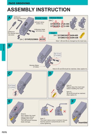 FACE GROOVING


           ASSEMBLY INSTRUCTION
           A        (b)Wrench
                    (For Insert clamp screw)           Modular Holder         Modular Blade
                                                                            (ex.) x      c
                                                      (a)Insert clamp
                                                         screw x1pc.          GY M25R D - F 20-060
                                                                              GY M25R D - F 12-060
                                                     (c)Modular blade                                               Long      Medium
           (d)Wrench                                    set screw x5pc.
           (For Modular blade                                                  Insert                       v
            set screw)                                                             (ex.) GY2M0300 F 040N-MS
                                                     z
                                                                                           GY2M0318 F 030N-GM
                                (ex.) GYHR2525M00 - M25R
                                                                                        Note 1) c and v are changed by the insert size.


           B
GROOVING




                                                                                    Side Screws
                                                                                    (3 screws)




                                               Modular Blade
                                                   (5 holes)
                                                                                  Note 2) z and x should be matched. (See caption A)


           C                                                                D


           Front Screws                                                                                 Note 4)
           (2 screws)                                                                                   Please clean the insert-seat
                                                                                                        before installing the insert.

                                                                                                        Note 5)
                                                                                                        c and v should be matched.
                                                                                                        (See caption A)



           E                                                                                                    F


                                 Note 6)
                                 Don’t tighten the insert
                                 clamp screw without
                                 installing the insert.        Note 7)
                                 This will prevent modular     The insert clamp screw is inclined. Ensure
                                 blade damage.                 that the wrench is perpendicular to the
                                                               screw tightening.                                           Assembled



F078
 