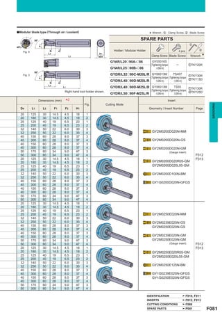 aModular blade type (Through air / coolant)
                                                                                                                  * Wrench : z : Clamp Screw, x : Blade Screw
                 90°                                                                                      SPARE PARTS
                                                                                                                                                          z
                       F1

øD1
                                                                                       Holder / Modular Holder                                                  x


                                            F2
      Fig. 4
                                 ar                                                                                                              4 pcs.
                                 L3                                        H1
                                                       L1                 øD4                                      Clamp Screw Blade Screw                Wrench    *
                                                                                     GYAR/L20o90A-o06               GY05016S
                                                                                                                   (Tightening torque        ─            zTKY20R
                                                                                     GYAR/L25o90B-o06                   : 4.5N·m)
                 90°
      Fig. 3                                                                         GYDR/L32o90C-M20L/R GY06013M               TS407
                                                                                                                                               zTKY30R
                                                                                                         (Tightening torque (Tightening torque
                       F1




                                                                                                                                               xTKY15D
                                                                                     GYDR/L40o90D-M20L/R      : 6.0N·m)          : 3.5N·m)
                                            F2
                                 ar




                                 L3
                                                 L1                                  GYDR/L40o90D-M25L/R GY06013M                 TS55
                                                                                                                                               zTKY30R
                                                  Right hand tool holder shown.                          (Tightening torque (Tightening torque
                                                                                                                                               xTKY25D
                                                                                     GYDR/L50o90F-M25L/R      : 6.0N·m)          : 5.0N·m)

                       Dimensions (mm)            *2             Fig.             Cutting Mode
                                                                                                                                    Insert




                                                                                                                                                                          GROOVING
  D4           L1           L3         F1         F2        H1                                                    Geometry / Insert Number                    Page

  20           125          30        14.5        4.5       18    1
  20           180          30        14.5        4.5       18    2
  25           125          40        19          6.5       23    1
  25           200          40        19          6.5       23    2
  32           140          50        22          6.0       30    3
  32           250          50        22          6.0       30    4                                                 GY2M0200D020N-MM
  40           150          60        28          8.0       37    3
  40           300          60        28          8.0       37    4                                                 GY2M0200D020N-GS
  40           150          60        28          8.0       37    3
  40           300          60        28          8.0       37    4                                                 GY2M0200D020N-GM
  50           170          80        34          9.0       47    3                                                                     (Gauge insert)
  50           300          80        34          9.0       47    4                                                                                           F012
  20           125          30        14.5        4.5       18    1                                                                                           F013
  20           180          30        14.5        4.5       18    2                                                 GY2M0200D020R05-GM
  25           125          40        19          6.5       23    1                                                 GY2M0200D020L05-GM
  25           200          40        19          6.5       23    2
  32           140          50        22          6.0       30    3                                                 GY2M0200D100N-BM
  32           250          50        22          6.0       30    4
  40           150          60        28          8.0       37    3                                                 GY1G0200D020N-GFGS
  40           300          60        28          8.0       37    4
  40           150          60        28          8.0       37    3
  40           300          60        28          8.0       37    4
  50           170          80        34          9.0       47    3
  50           300          80        34          9.0       47    4
  20           125          30        14.5        4.5       18    1
  20           180          30        14.5        4.5       18    2
  25           125          40        19          6.5       23    1
  25           200          40        19          6.5       23    2                                                 GY2M0250E020N-MM
  32           140          50        22          6.0       30    3
  32           250          50        22          6.0       30    4                                                 GY2M0239E020N-GS
  40           150          60        28          8.0       37    3                                                 GY2M0250E020N-GS
  40           300          60        28          8.0       37    4
  40           150          60        28          8.0       37    3
  40           300          60        28          8.0       37    4                                                 GY2M0239E020N-GM
  50           170          80        34          9.0       47    3                                                 GY2M0250E020N-GM
  50           300          80        34          9.0       47    4                                                                     (Gauge insert)        F012
  20           125          30        14.5        4.5       18    1                                                                                           F013
  20           180          30        14.5        4.5       18    2                                                 GY2M0250E020R05-GM
  25           125          40        19          6.5       23    1                                                 GY2M0250E020L05-GM
  25           200          40        19          6.5       23    2
  32           140          50        22          6.0       30    3
  32           250          50        22          6.0       30    4                                                 GY2M0250E125N-BM
  40           150          60        28          8.0       37    3
  40           300          60        28          8.0       37    4                                                 GY1G0239E020N-GFGS
  40           150          60        28          8.0       37    3                                                 GY1G0250E020N-GFGS
  40           300          60        28          8.0       37    4
  50           170          80        34          9.0       47    3
  50           300          80        34          9.0       47    4

                                                                                                                 IDENTIFICATION                       F010, F011
                                                                                                                 INSERTS                              F012, F013
                                                                                                                 CUTTING CONDITIONS                   F086
                                                                                                                 SPARE PARTS                          P001              F081
 