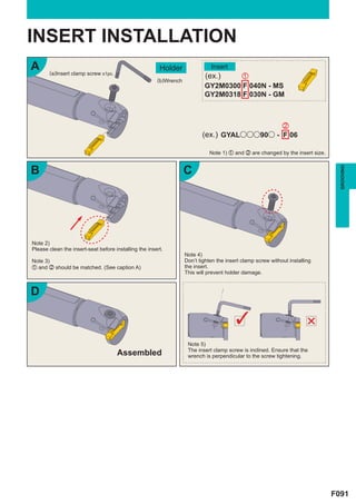 INSERT INSTALLATION
A      (a)Insert clamp screw x1pc.
                                                        Holder                Insert

                                                       (b)Wrench
                                                                           (ex.)   z
                                                                           GY2M0300 F 040N - MS
                                                                           GY2M0318 F 030N - GM



                                                                                             x
                                                                          (ex.) GYALooo90o - F 06

                                                                             Note 1) z and x are changed by the insert size.


B                                                                  C




                                                                                                                                 GROOVING
Note 2)
Please clean the insert-seat before installing the insert.
                                                                   Note 4)
Note 3)                                                            Don’t tighten the insert clamp screw without installing
z and x should be matched. (See caption A)                         the insert.
                                                                   This will prevent holder damage.


D



                                                                    Note 5)
                                                                    The insert clamp screw is inclined. Ensure that the
                                     Assembled                      wrench is perpendicular to the screw tightening.




                                                                                                                               F091
 
