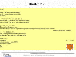 def onRetrieve() { 　　 def userid = request.params.userid[]; 　　 def month = request.params.month[]; 　　 　　 def server=""; 　　 　　 //  ユーザに応じてアクセス先を変える 　　 if (userid=="user1") server = "http://localhost:8083/";  　　 if (userid=="user2") server = "http://localhost:8085/";  　　　　 　　 //  リソースにアクセスする 　 　 def Connection.Response resp =  　　　 Connection.doGET(server +"/pmsdemo/jp/reflexworks/pms/model/Report?json&userid=“ 　　　　　　　　　　　　　　　　　　　　　　　　　　　　　　　　　　　　　　　　 +userid+"&month="+month);  　　 　　 //  リソースを JSON にする 　　 def body = resp.getResponseBodyAsString(); 　　 def respJSON = zero.json.Json.decode(body); 　　 // JSONP で返す 　　 print "callback("; 　　 request.json.output = respJSON; 　　 request.view ="JSON"; 　　 render(); 　　 print ");"; } sMash アプリ これだけかよ 