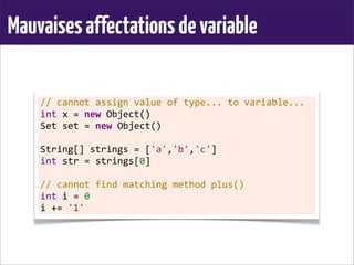 Mauvaisesaffectationsdevariable
//	
  cannot	
  assign	
  value	
  of	
  type...	
  to	
  variable...
int	
  x	
  =	
  new	
  Object()
Set	
  set	
  =	
  new	
  Object()
	
  
String[]	
  strings	
  =	
  ['a','b','c']
int	
  str	
  =	
  strings[0]
	
  
//	
  cannot	
  find	
  matching	
  method	
  plus()
int	
  i	
  =	
  0
i	
  +=	
  '1'
 