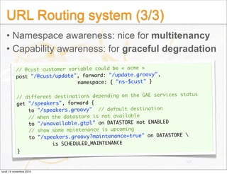 URL Routing system (3/3)
• Namespace awareness: nice for multitenancy
• Capability awareness: for graceful degradation
137...