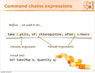 Command chains expressions



               Before... we used to do...


            take 2.pills, of: chloroquinine, after: 6.hours


                 Normal argument            Named arguments

                Woud call:
                def take(Map m, Quantity q)


                                                              9
mercredi 18 mai 2011
 