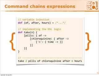 Command chains expressions

                       // variable injection
                       def (of, after, hours) = /*...*/
                        
                       // implementing the DSL logic




              {                                                      }
                       def take(n) {
                           [pills: { of ‐>
                               [chloroquinine: { after ‐>
                                   ['6': { time ‐> }]
                               }]
                           }]
                       }

                       // ‐‐‐‐‐‐‐‐‐‐‐‐‐‐‐‐‐‐‐‐‐‐‐‐‐‐‐‐‐‐‐‐‐‐‐‐‐‐‐‐
                       take 2 pills of chloroquinine after 6 hours



                                                                         16
mercredi 18 mai 2011
 