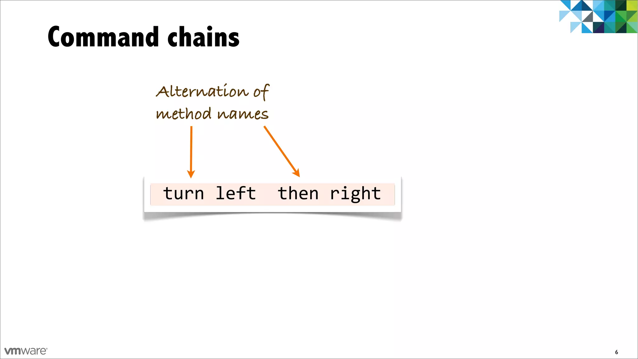 Command chains
       Alternation of
       method names



       	
  turn	
  left	
  	
  then	
  right	
  




                                                   6
 