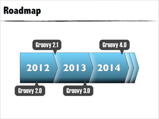 Roadmap


         Groovy 2.1                Groovy 4.0


     2012             2013         2014
                                   2014

  Groovy 2.0          Groovy 3.0
 