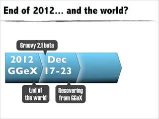 End of 2012... and the world?


   Groovy 2.1 beta

2012 Dec
GGeX 17-23
       End of        Recovering
     the world       from GGeX
 