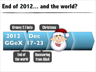 End of 2012... and the world?


   Groovy 2.1 beta       Christmas

2012 Dec
GGeX 17-23
       End of        Recovering
     the world       from GGeX
 