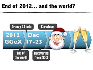 End of 2012... and the world?


   Groovy 2.1 beta       Christmas

2012 Dec
GGeX 17-23
       End of        Recovering
     the world       from GGeX
 
