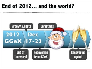 End of 2012... and the world?


   Groovy 2.1 beta       Christmas

2012 Dec
GGeX 17-23
       End of        Recovering      Recovering
     the world       from GGeX         again !
 