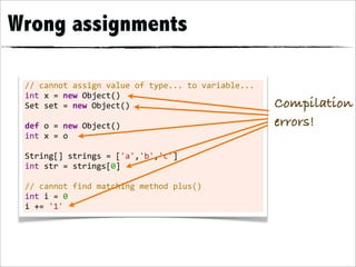 Wrong assignments

 //	
  cannot	
  assign	
  value	
  of	
  type...	
  to	
  variable...
 int	
  x	
  =	
  new	
  Object()
 Set	
  set	
  =	
  new	
  Object()                                      Compilation
 	
  
 def	
  o	
  =	
  new	
  Object()                                        errors!
 int	
  x	
  =	
  o
 	
  
 String[]	
  strings	
  =	
  ['a','b','c']
 int	
  str	
  =	
  strings[0]
 	
  
 //	
  cannot	
  find	
  matching	
  method	
  plus()
 int	
  i	
  =	
  0
 i	
  +=	
  '1'
 