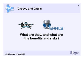 1
              Groovy and Grails




                 What are they, and what are
                   the benefits and risks?



JUG Padova, 17 May 2008