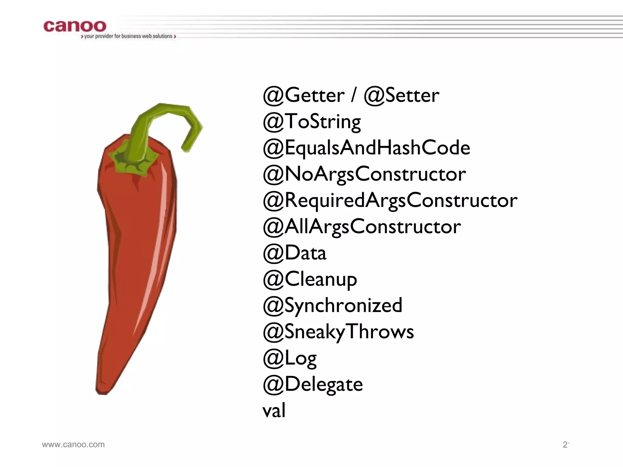 @Getter / @Setter @ToString @EqualsAndHashCode @NoArgsConstructor @RequiredArgsConstructor  @AllArgsConstructor @Data @Cleanup @Synchronized @SneakyThrows @Log @Delegate val 