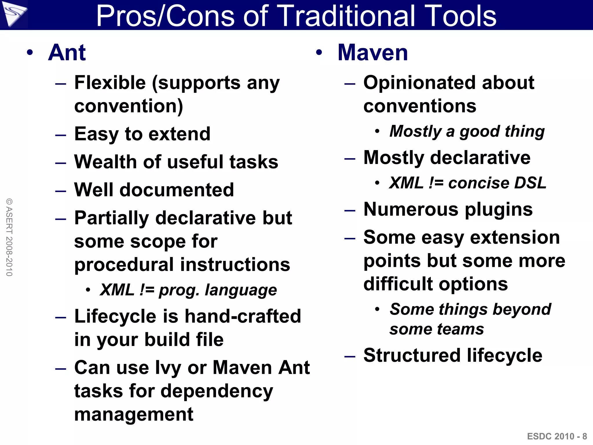 Pros/Cons of Traditional Tools
                    • Ant                           • Maven
                      – Flexible (supports any        – Opinionated about
                        convention)                     conventions
                      – Easy to extend                   • Mostly a good thing
                      – Wealth of useful tasks        – Mostly declarative
                      – Well documented                  • XML != concise DSL
                                                      – Numerous plugins
© ASERT 2008-2010




                      – Partially declarative but
                        some scope for                – Some easy extension
                        procedural instructions         points but some more
                         • XML != prog. language        difficult options
                      – Lifecycle is hand-crafted        • Some things beyond
                                                           some teams
                        in your build file
                                                      – Structured lifecycle
                      – Can use Ivy or Maven Ant
                        tasks for dependency
                        management
                                                                           ESDC 2010 - 8
 