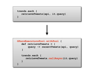trends.each {
   retrieveTweets(api, it.query)
}




GParsExecutorsPool.withPool {
   def retrieveTweets = {
       query -> recentTweets(api, query)
   }

    trends.each {
       retrieveTweets.callAsync(it.query)
    }
}
 
