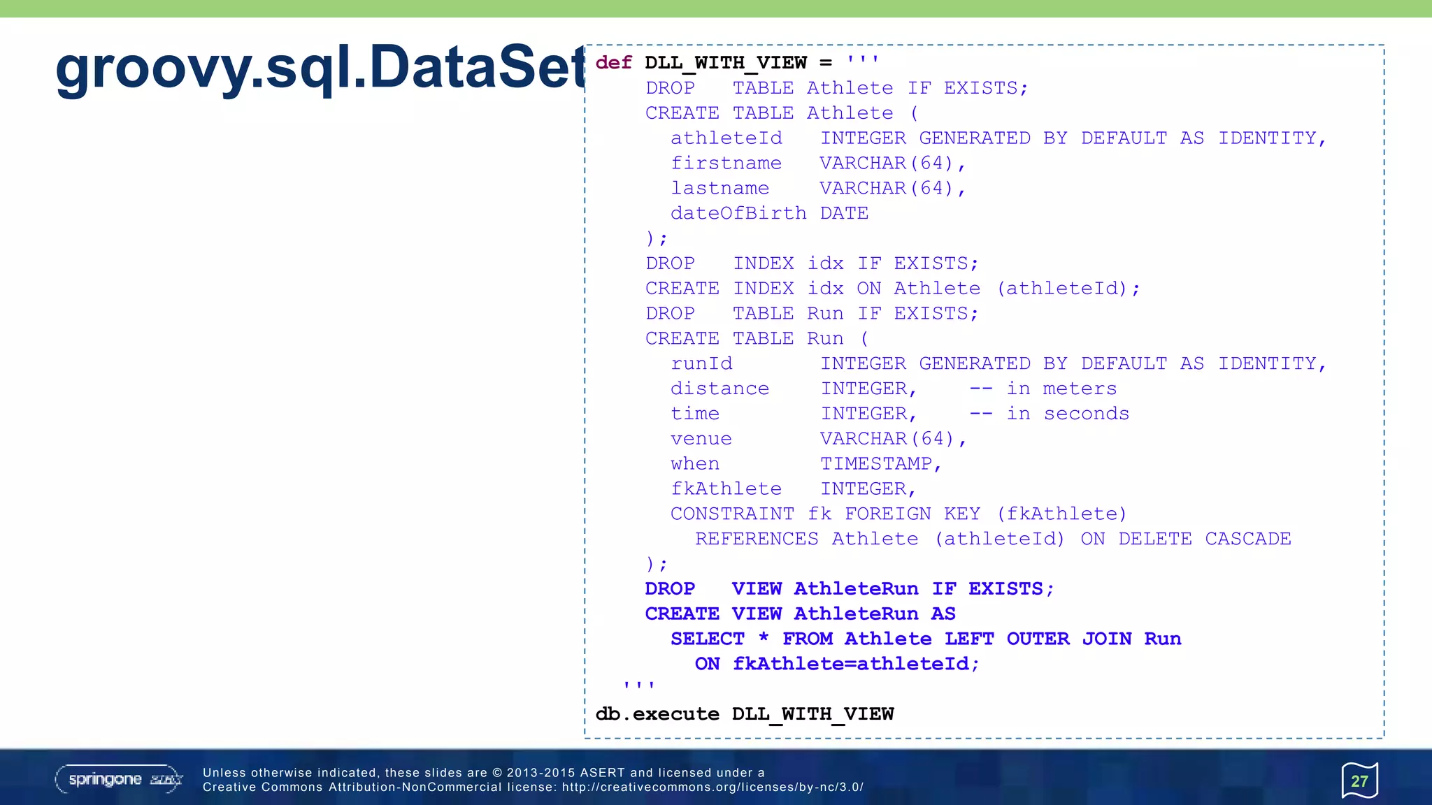 DataSet example…
27
def athletes = sql.dataSet('Athlete')
athletes.each { println it.firstname }
athletes.add(
firstname: 'Paula',
lastname: 'Radcliffe',
dateOfBirth: '1973-12-17'
)
athletes.each { println it.firstname }
def runs = sql.dataSet('AthleteRun').findAll { it.firstname == 'Khalid' }
runs.each { println "$it.lastname $it.venue" }
Paul
Khalid
Ronaldo
Paul
Khalid
Ronaldo
Paula
Khannouchi London
Khannouchi Chicago
 