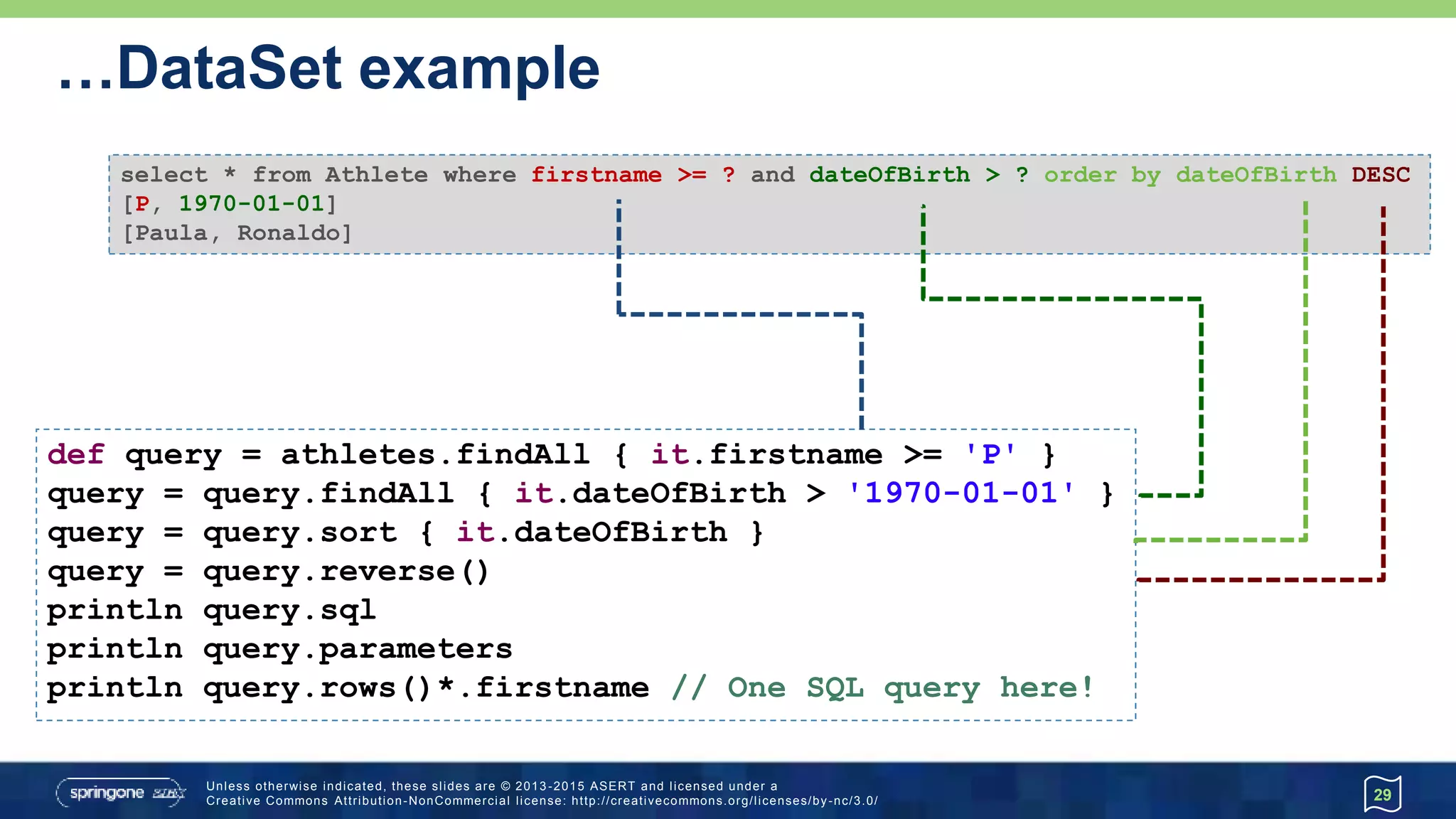 Overcoming groovy.sql.DataSet limitations
29
def DLL_WITH_VIEW = '''
DROP TABLE Athlete IF EXISTS;
CREATE TABLE Athlete (
athleteId INTEGER GENERATED BY DEFAULT AS IDENTITY,
firstname VARCHAR(64),
lastname VARCHAR(64),
dateOfBirth DATE
);
DROP INDEX idx IF EXISTS;
CREATE INDEX idx ON Athlete (athleteId);
DROP TABLE Run IF EXISTS;
CREATE TABLE Run (
runId INTEGER GENERATED BY DEFAULT AS IDENTITY,
distance INTEGER, -- in meters
time INTEGER, -- in seconds
venue VARCHAR(64),
when TIMESTAMP,
fkAthlete INTEGER,
CONSTRAINT fk FOREIGN KEY (fkAthlete)
REFERENCES Athlete (athleteId) ON DELETE CASCADE
);
DROP VIEW AthleteRun IF EXISTS;
CREATE VIEW AthleteRun AS
SELECT * FROM Athlete LEFT OUTER JOIN Run
ON fkAthlete=athleteId;
'''
db.execute DLL_WITH_VIEW
 