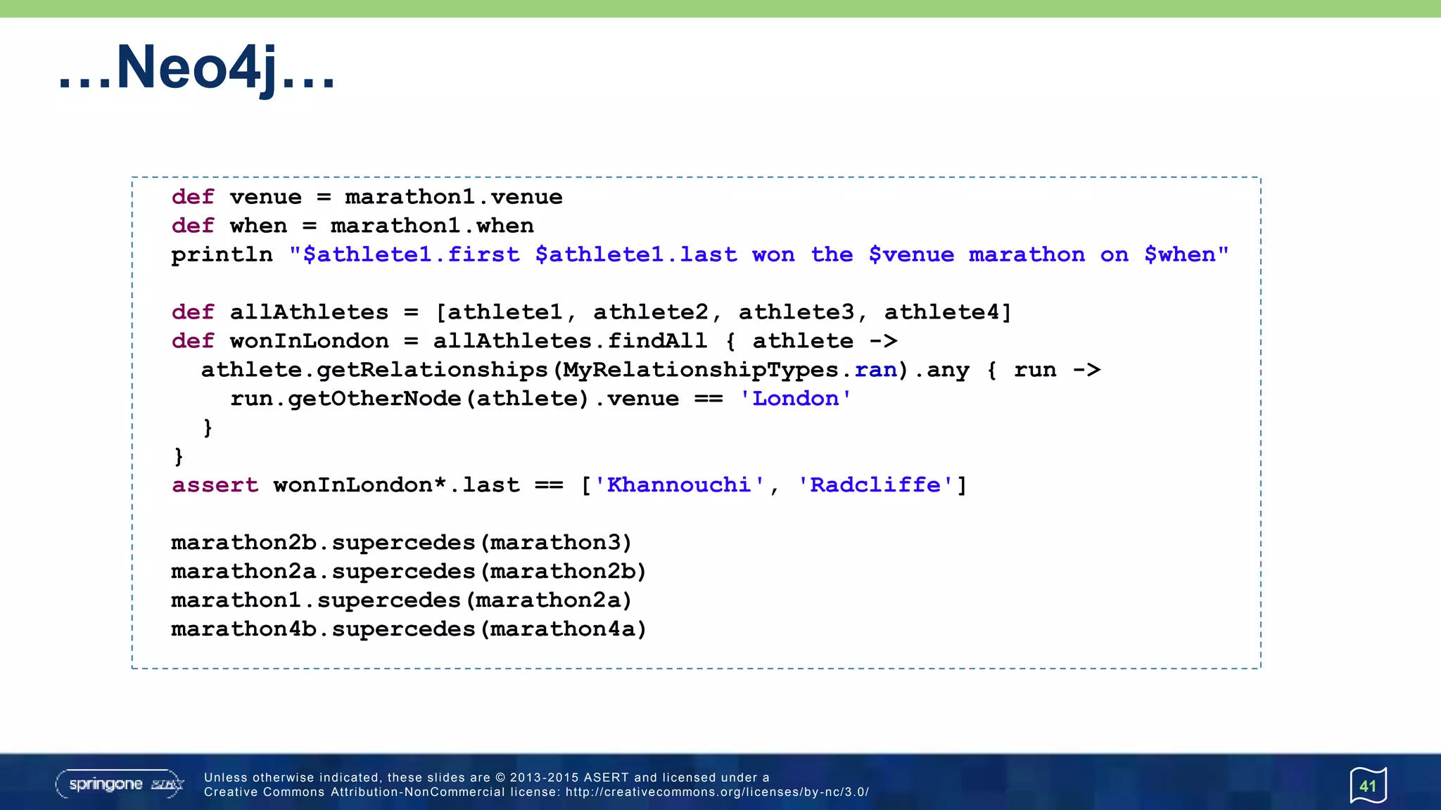 …Neo4j…
41
def venue = marathon1.venue
def when = marathon1.when
println "$athlete1.first $athlete1.last won the $venue marathon on $when"
def allAthletes = [athlete1, athlete2, athlete3, athlete4]
def wonInLondon = allAthletes.findAll { athlete ->
athlete.getRelationships(MyRelationshipTypes.won).any { record ->
record.getOtherNode(athlete).venue == 'London'
}
}
assert wonInLondon*.last == ['Khannouchi', 'Radcliffe']
marathon2b.supercedes(marathon3)
marathon2a.supercedes(marathon2b)
marathon1.supercedes(marathon2a)
marathon4b.supercedes(marathon4a)
 