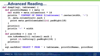 …Advanced Reading
• Pagination
20
qry = 'SELECT * FROM Athlete'
assert sql.rows(qry, 1, 4)*.lastname ==
['Tergat', 'Khannouchi', 'da Costa', 'Gebrselassie']
assert sql.rows(qry, 5, 4)*.lastname ==
['Makau', 'Radcliffe', 'Ndereba', 'Takahashi']
assert sql.rows(qry, 9, 4)*.lastname ==
['Loroupe', 'Kristiansen']
 