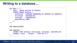 …Writing to a database
9
def data = [first: 'Khalid', last: 'Khannouchi', birth: '1971-12-22']
sql.execute """
INSERT INTO Athlete (firstname, lastname, dateOfBirth)
VALUES (${data.first},${data.last},${data.birth})
"""
String athleteInsert = 'INSERT INTO Athlete (firstname, lastname) VALUES (?,?)'
def keys = sql.executeInsert athleteInsert, ['Ronaldo', 'da Costa']
assert keys[0] == [2]
def rowsUpdated = sql.executeUpdate '''
UPDATE Athlete SET dateOfBirth='1970-06-07' where lastname='da Costa'
'''
assert rowsUpdated == 1
sql.execute "delete from Athlete where lastname = 'Tergat'"
Advanced
 