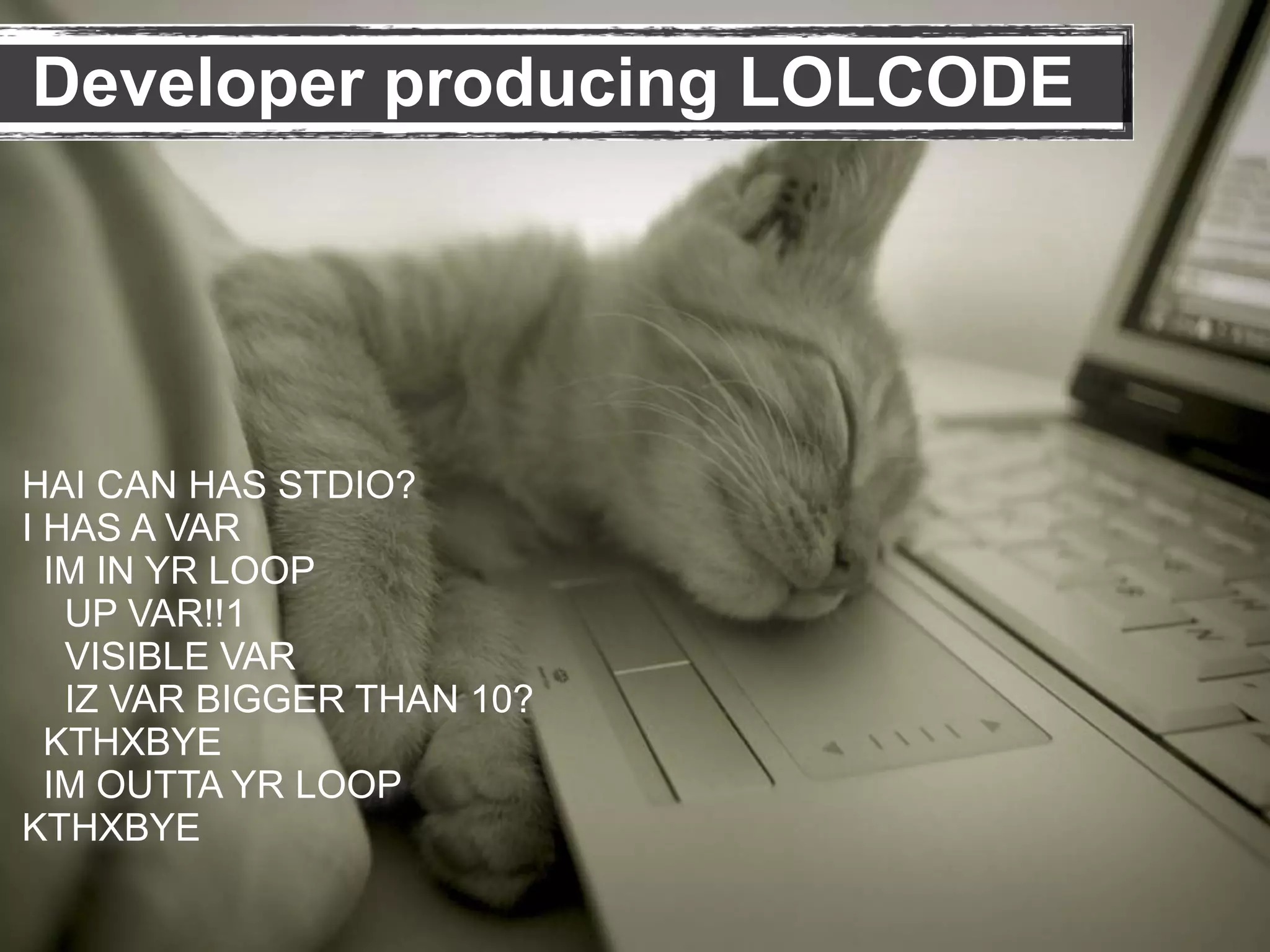 HAI CAN HAS STDIO?
I HAS A VAR
IM IN YR LOOP
UP VAR!!1
VISIBLE VAR
IZ VAR BIGGER THAN 10?
KTHXBYE
IM OUTTA YR LOOP
KTHXBYE
Developer producing LOLCODE
 