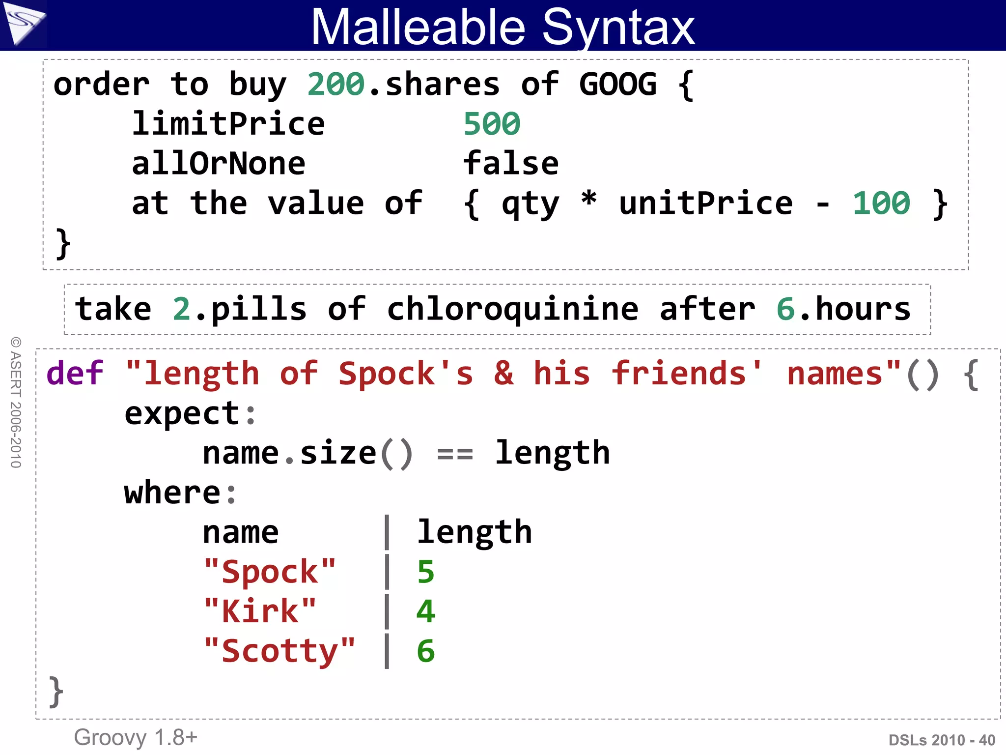 Malleable Syntax
DSLs 2010 - 40
©ASERT2006-2010
order to buy 200.shares of GOOG {
limitPrice 500
allOrNone false
at the value of { qty * unitPrice - 100 }
}
take 2.pills of chloroquinine after 6.hours
Groovy 1.8+
def "length of Spock's & his friends' names"() {
expect:
name.size() == length
where:
name | length
"Spock" | 5
"Kirk" | 4
"Scotty" | 6
}
 