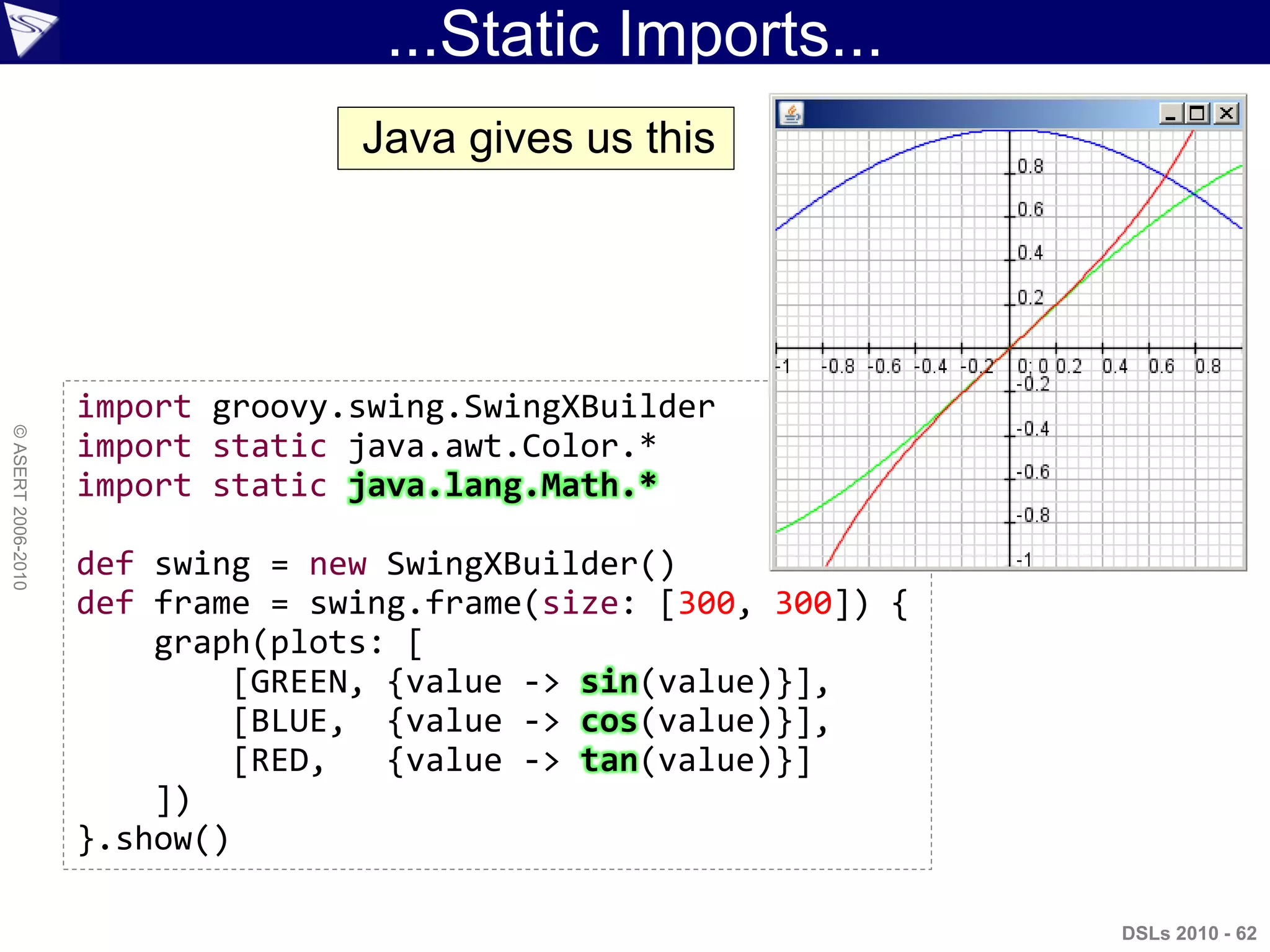 ...Static Imports...
DSLs 2010 - 62
©ASERT2006-2010
import groovy.swing.SwingXBuilder
import static java.awt.Color.*
import static java.lang.Math.*
def swing = new SwingXBuilder()
def frame = swing.frame(size: [300, 300]) {
graph(plots: [
[GREEN, {value -> sin(value)}],
[BLUE, {value -> cos(value)}],
[RED, {value -> tan(value)}]
])
}.show()
Java gives us this
 