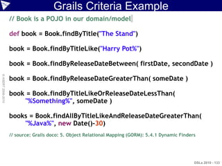Grails Criteria Example
                    // Book is a POJO in our domain/model

                    def book = Book.findByTitle("The Stand")

                    book = Book.findByTitleLike("Harry Pot%")

                    book = Book.findByReleaseDateBetween( firstDate, secondDate )
© ASERT 2006-2010




                    book = Book.findByReleaseDateGreaterThan( someDate )

                    book = Book.findByTitleLikeOrReleaseDateLessThan(
                         "%Something%", someDate )

                    books = Book.findAllByTitleLikeAndReleaseDateGreaterThan(
                        "%Java%", new Date()-30)
                    // source: Grails doco: 5. Object Relational Mapping (GORM): 5.4.1 Dynamic Finders




                                                                                                     DSLs 2010 - 133
 