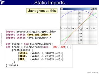 ...Static Imports...
                                  Java gives us this




                    import groovy.swing.SwingXBuilder
© ASERT 2006-2010




                    import static java.awt.Color.*
                    import static java.lang.Math.*

                    def swing = new SwingXBuilder()
                    def frame = swing.frame(size: [300, 300]) {
                        graph(plots: [
                             [GREEN, {value -> sin(value)}],
                             [BLUE, {value -> cos(value)}],
                             [RED,   {value -> tan(value)}]
                        ])
                    }.show()

                                                                  DSLs 2010 - 51
 