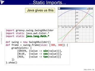 ...Static Imports...
                                  Java gives us this




                    import groovy.swing.SwingXBuilder
© ASERT 2006-2010




                    import static java.awt.Color.*
                    import static java.lang.Math.*

                    def swing = new SwingXBuilder()
                    def frame = swing.frame(size: [300, 300]) {
                        graph(plots: [
                             [GREEN, {value -> sin(value)}],
                             [BLUE, {value -> cos(value)}],
                             [RED,   {value -> tan(value)}]
                        ])
                    }.show()

                                                                  DSLs 2010 - 52
 