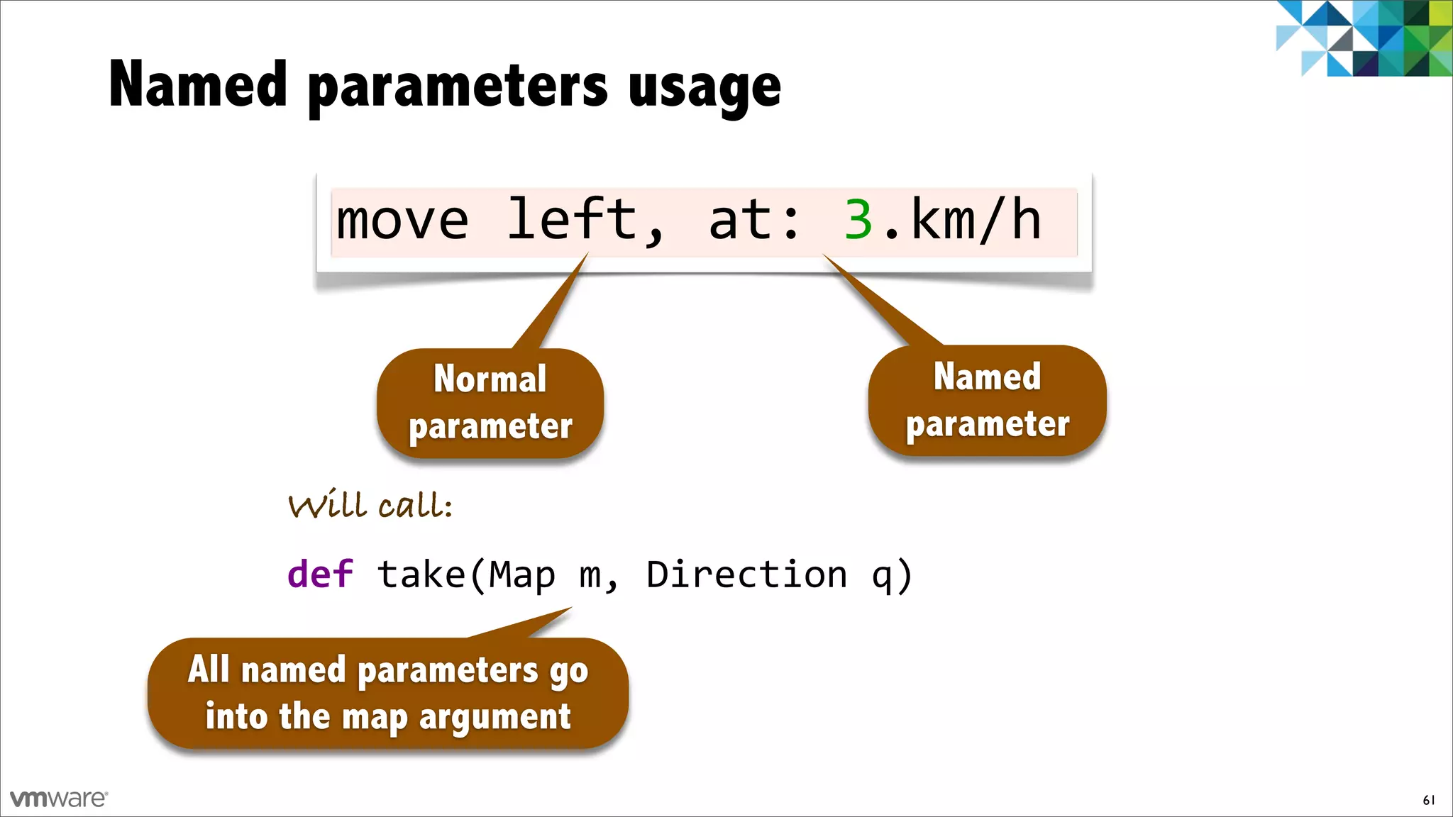Named parameters usage
          move!left,!at:!3.km/h

               Normal              Named
              parameter           parameter
       Will call:
       def!take(Map!m,!Direction!q)

  All named parameters go
   into the map argument
                                              61
 