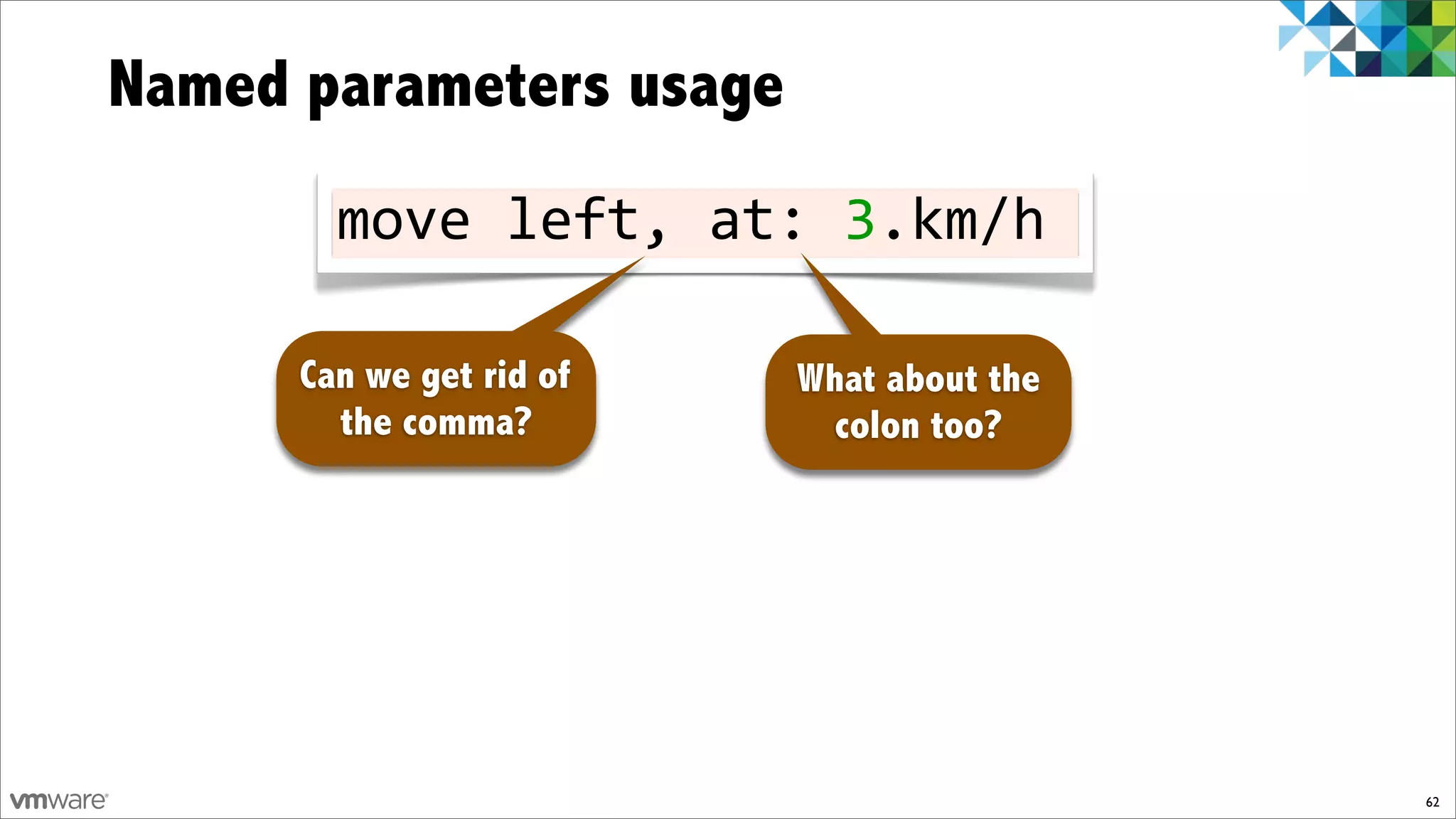 Named parameters usage
        move!left,!at:!3.km/h

      Can we get rid of   What about the
        the comma?          colon too?




                                           62
 