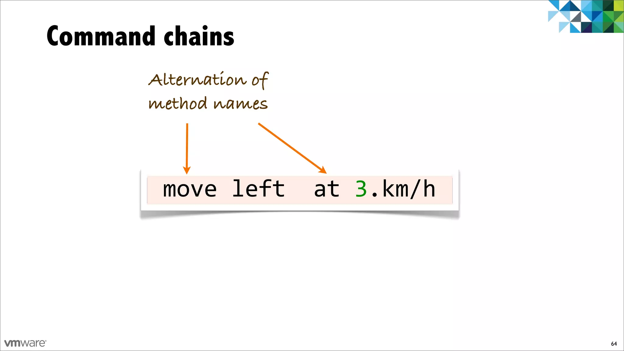Command chains
       Alternation of
       method names



       %move%left%%at%3.km/h%




                                64
 