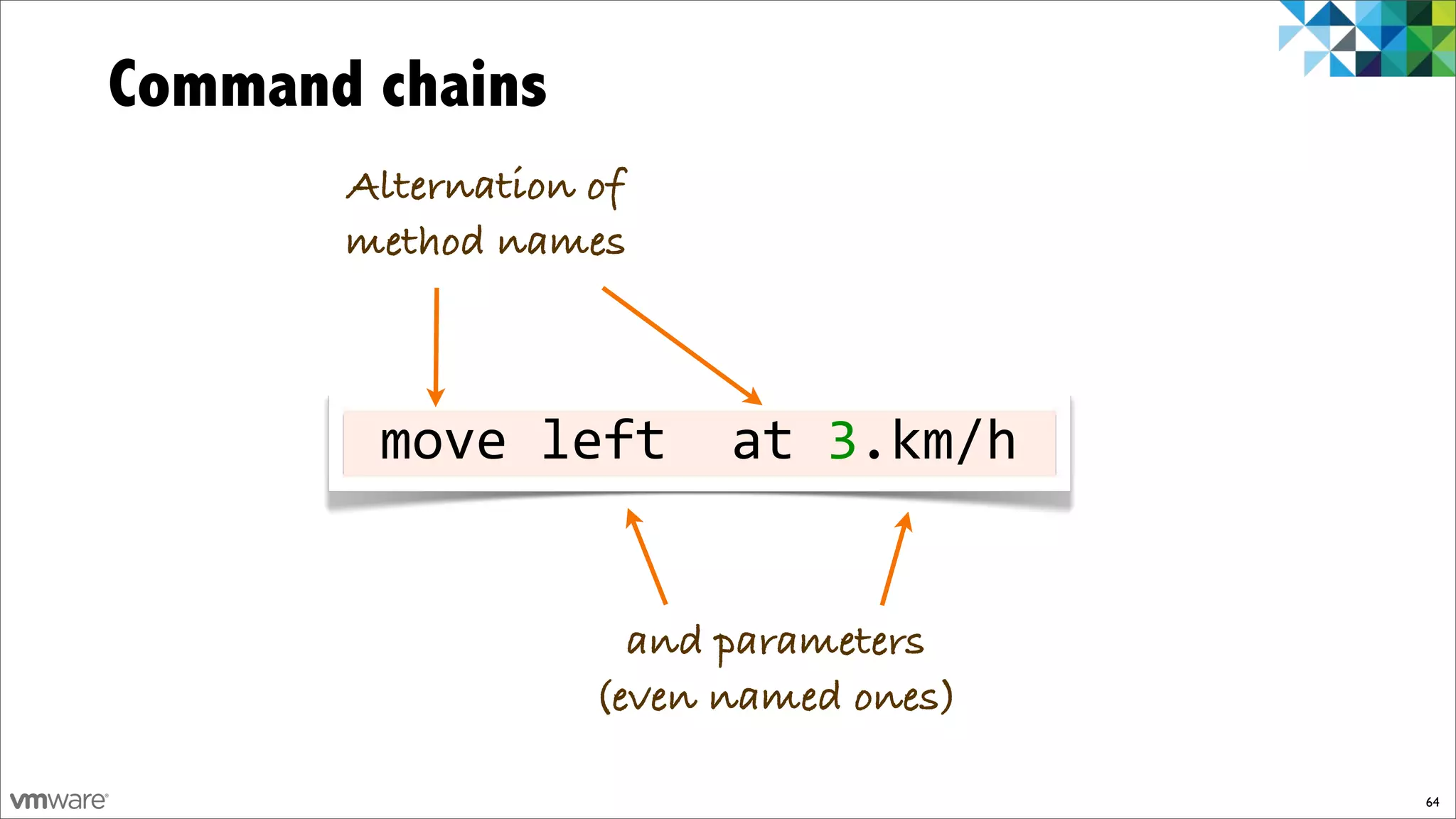 Command chains
       Alternation of
       method names



       %move%left%%at%3.km/h%


                     and parameters
                   (even named ones)

                                       64
 