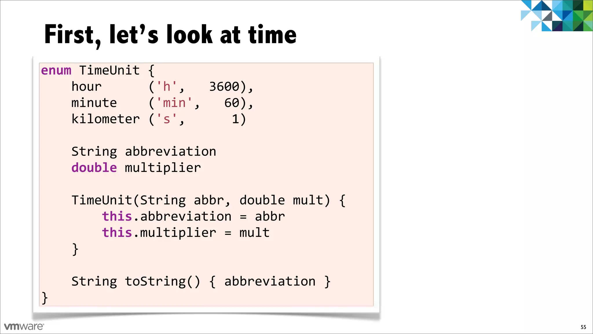 First, let’s look at time
enum$TimeUnit%{
%%%%hour%%%%%%('h',%%%3600),
%%%%minute%%%%('min',%%%60),%
%%%%kilometer%('s',%%%%%%1)%
%%%%
%%%%String%abbreviation
%%%%double%multiplier
%%%%
%%%%TimeUnit(String%abbr,%double%mult)%{
%%%%%%%%this.abbreviation%=%abbr
%%%%%%%%this.multiplier%=%mult%
%%%%}

%%%%String%toString()%{%abbreviation%}%
}
                                           55
 