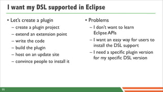 I want my DSL supported in Eclipse
     • Let’s create a plugin               • Problems
       –   create a plugin project          – I don’t want to learn
       –   extend an extension point          Eclipse APIs
       –   write the code                   – I want an easy way for users to
       –   build the plugin                   install the DSL support
       –   host on an update site           – I need a speciﬁc plugin version
                                              for my speciﬁc DSL version
       –   convince people to install it




90
 