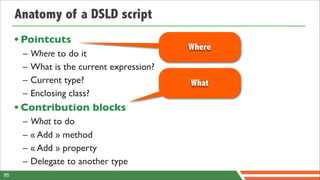 Anatomy of a DSLD script
     • Pointcuts
                                            Where
      –   Where to do it
      –   What is the current expression?
      –   Current type?                     What
      –   Enclosing class?
     • Contribution blocks
      –   What to do
      –   « Add » method
      –   « Add » property
      –   Delegate to another type
95
 