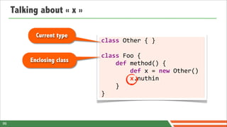 Talking about « x »

            Current type
                            class	
  Other	
  {	
  }

                            class	
  Foo	
  {
          Enclosing class   	
  	
  	
  	
  def	
  method()	
  {
                            	
  	
  	
  	
  	
  	
  	
  	
  def	
  x	
  =	
  new	
  Other()
                            	
  	
  	
  	
  	
  	
  	
  	
  x.nuthin
                            	
  	
  	
  	
  }
                            }



96
 
