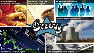 Antimalaria drug             Insurance policy risk        HR skills representation
resistance simulation        calculation engine




                                                           Nuclear safety simulations




Market data feeds analysis                       Loan acceptance rules engine
 