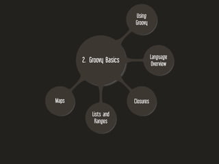 2. Groovy Basics
Using
Groovy
Language
Overview
Closures
Lists and
Ranges
Maps
 